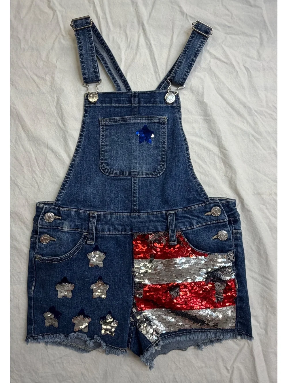 Justice Girls Size 10 Denim Shortalls Sequin Stars Striped Pocket Overalls